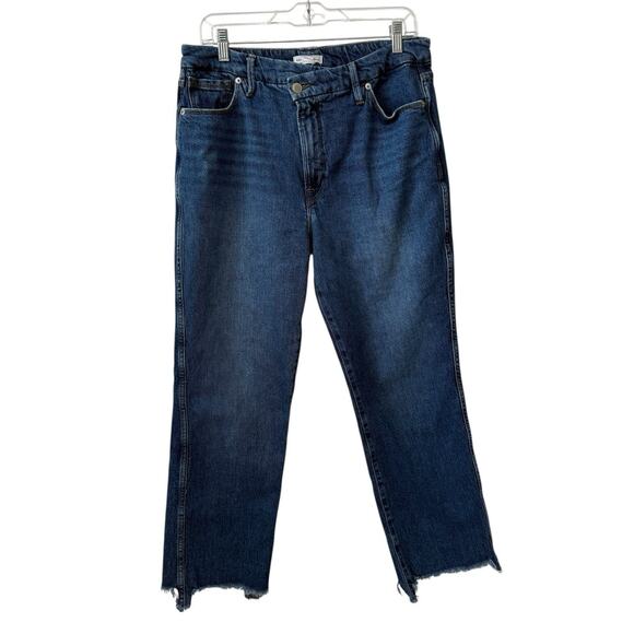 Good American Good Curve Raw Hem Straight Crossover Jeans Size 12 31 Asymmetric - Picture 2 of 11